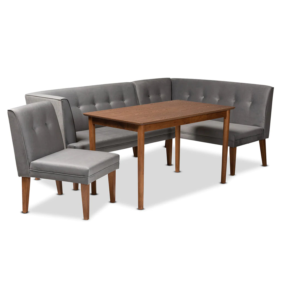 Baxton Studio Stewart Mid-Century Modern Grey Velvet Upholstered And Walnut Brown Finished Wood 4-Piece Dining Nook Set | Dining Sets | Modishstore - 3