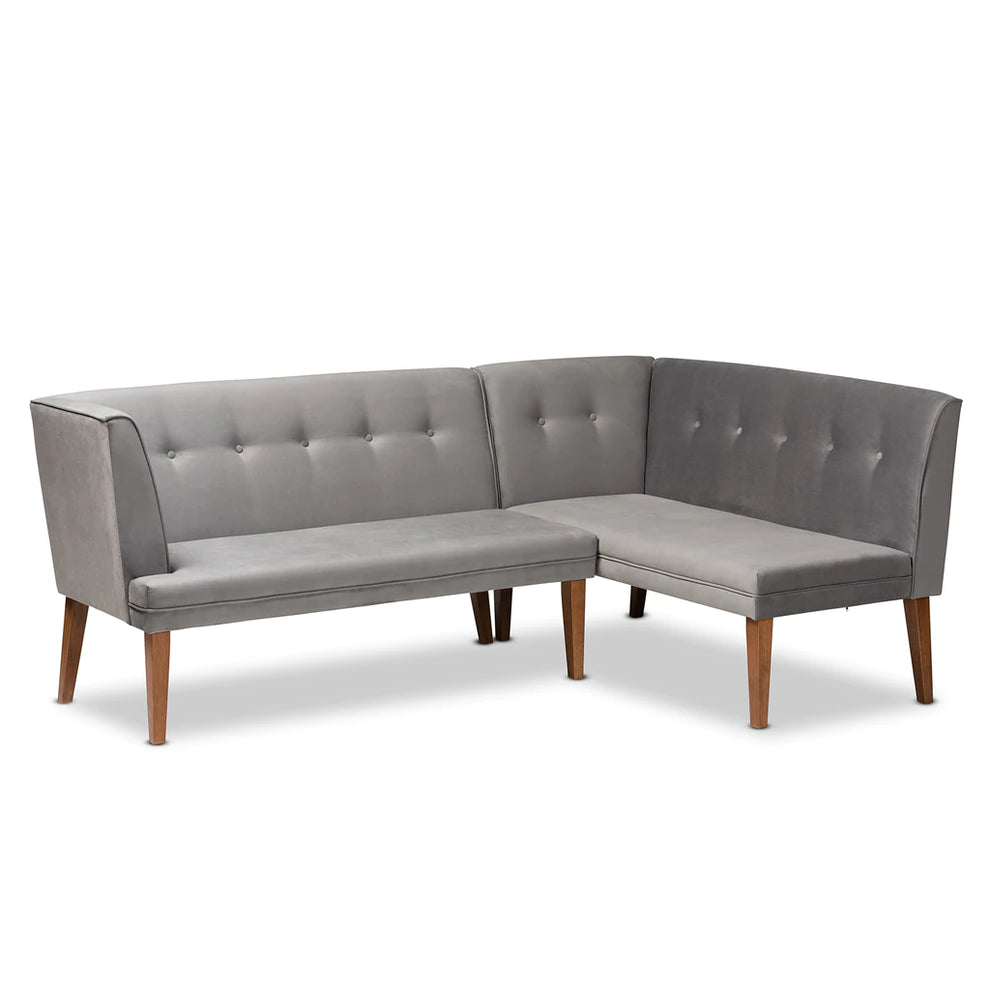 Baxton Studio Stewart Mid-Century Modern Grey Velvet Upholstered And Walnut Brown Finished Wood 2-Piece Dining Nook Banquette Set | Dining Sets | Modishstore - 2