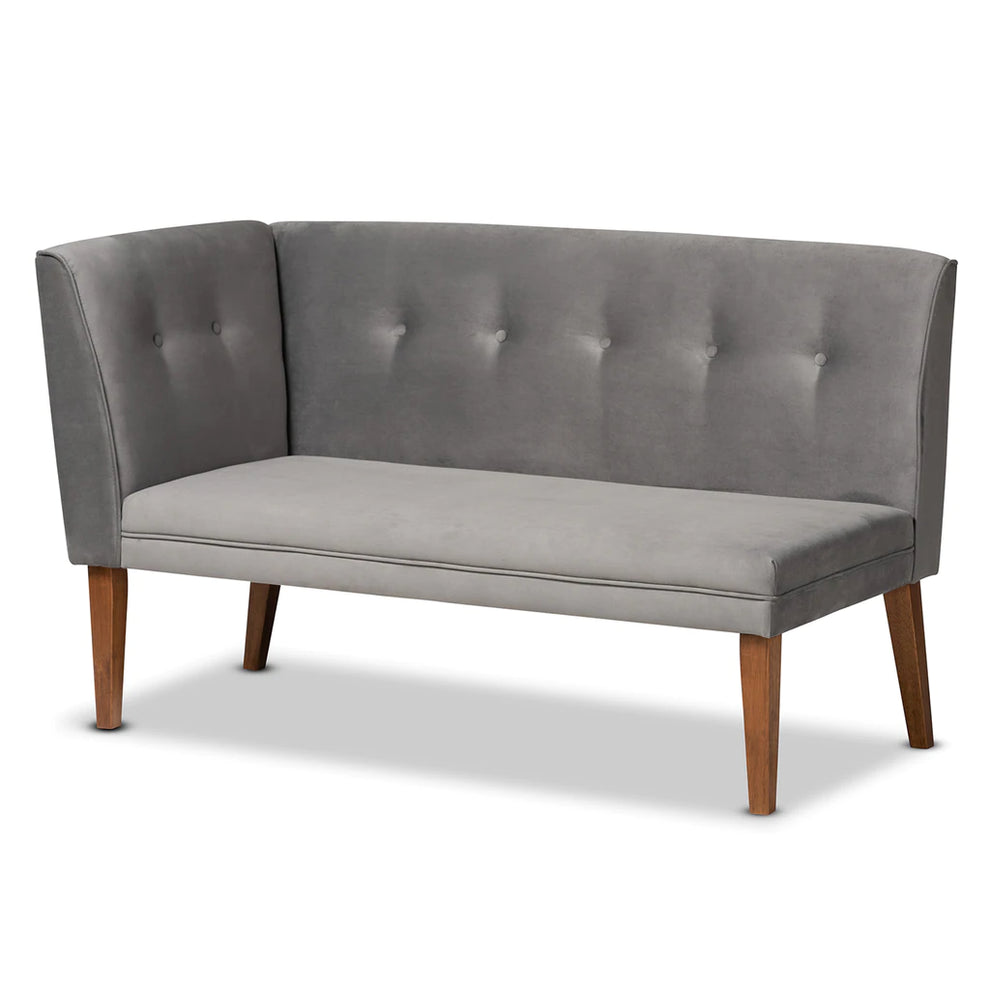 Baxton Studio Stewart Mid-Century Modern Grey Velvet Upholstered And Walnut Brown Finished Wood 2-Piece Dining Nook Banquette Set | Dining Sets | Modishstore - 4