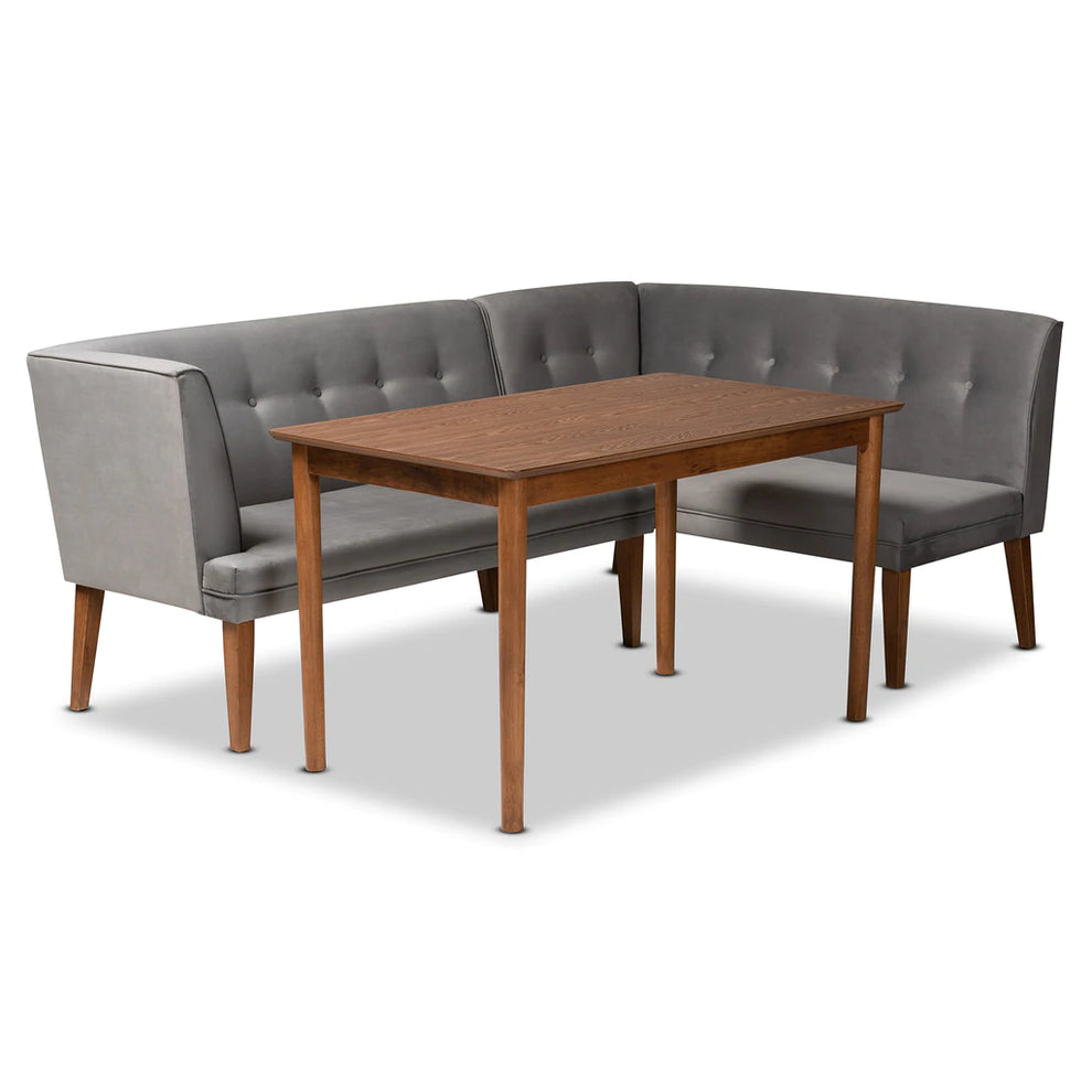 Baxton Studio Stewart Mid-Century Modern Grey Velvet Upholstered And Walnut Brown Finished Wood 3-Piece Dining Nook Set | Dining Sets | Modishstore - 2