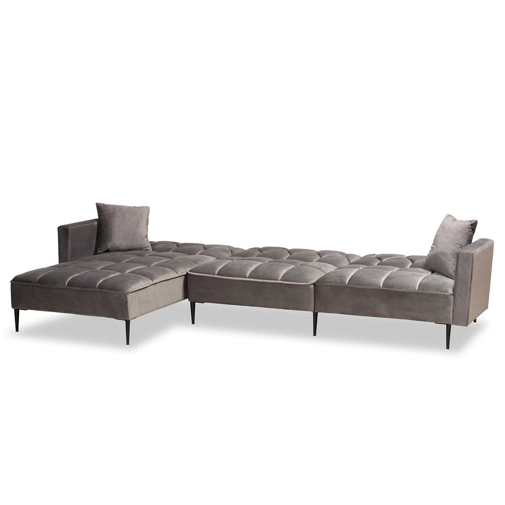 Baxton Studio Galena Contemporary Glam and Luxe Grey Velvet Fabric Upholstered and Black Finished Metal Sleeper Sectional Sofa with Left Facing Chaise | Sofas | Modishstore - 5
