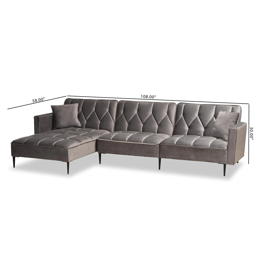 Baxton Studio Galena Contemporary Glam and Luxe Grey Velvet Fabric Upholstered and Black Finished Metal Sleeper Sectional Sofa with Left Facing Chaise | Sofas | Modishstore - 3