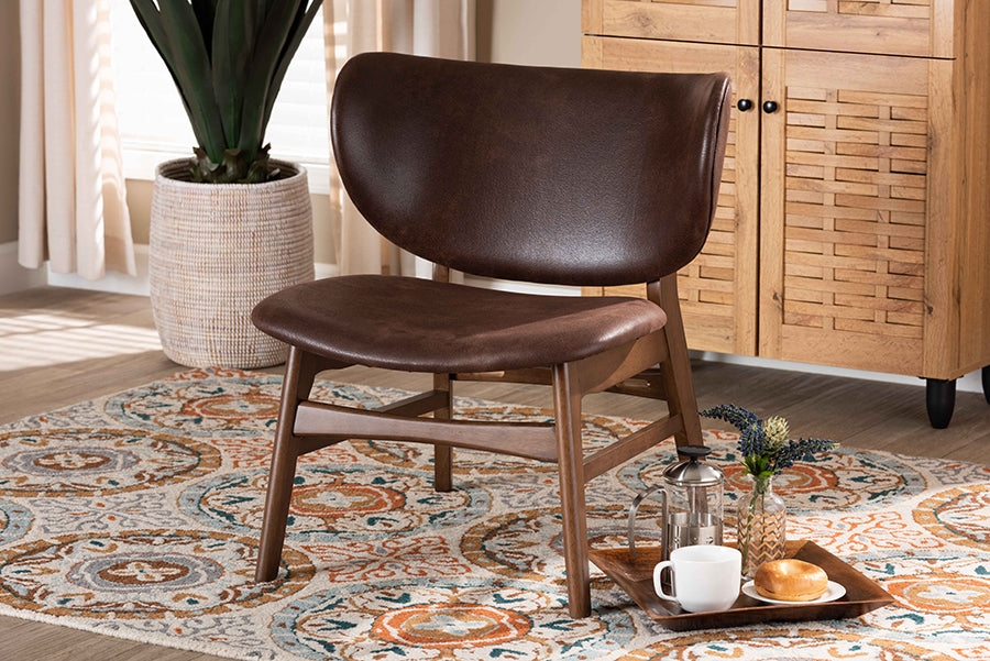 Baxton Studio Marcos Mid-Century Modern Dark Brown Faux Leather Effect and Walnut Brown Finished Wood Living Room Accent Chair | Accent Chairs | Modishstore