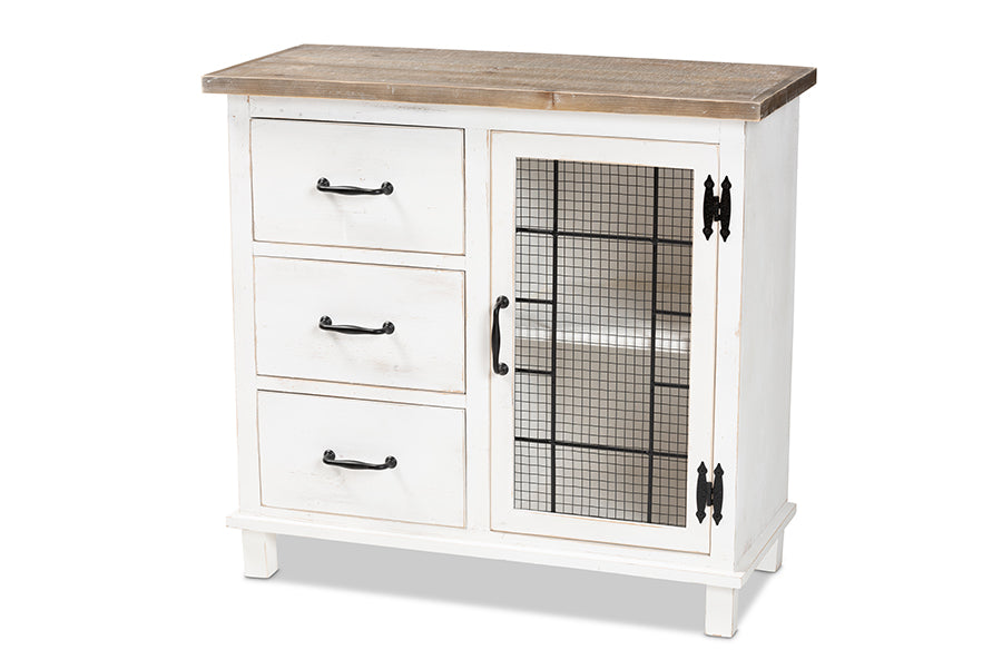 baxton studio faron classic and traditional farmhouse two tone distressed white and oak brown finished wood 3 drawer storage cabinet | Modish Furniture Store-2