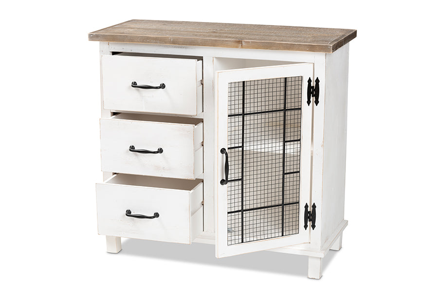baxton studio faron classic and traditional farmhouse two tone distressed white and oak brown finished wood 3 drawer storage cabinet | Modish Furniture Store-3