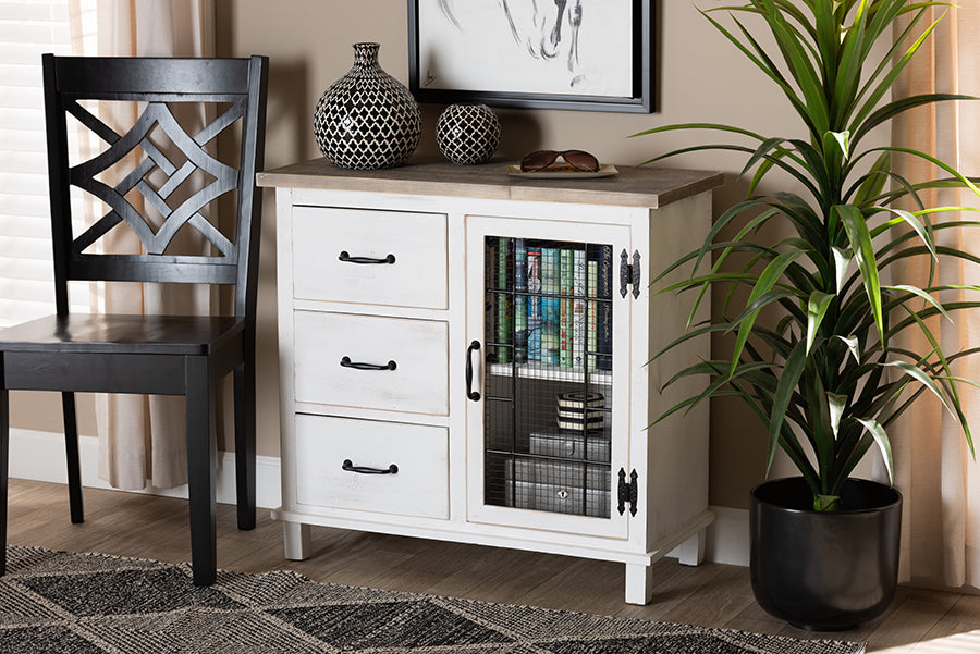 Baxton Studio Faron Classic and Traditional Farmhouse Two-Tone Distressed White and Oak Brown Finished Wood 3-Drawer Storage Cabinet | Modishstore | Cabinets