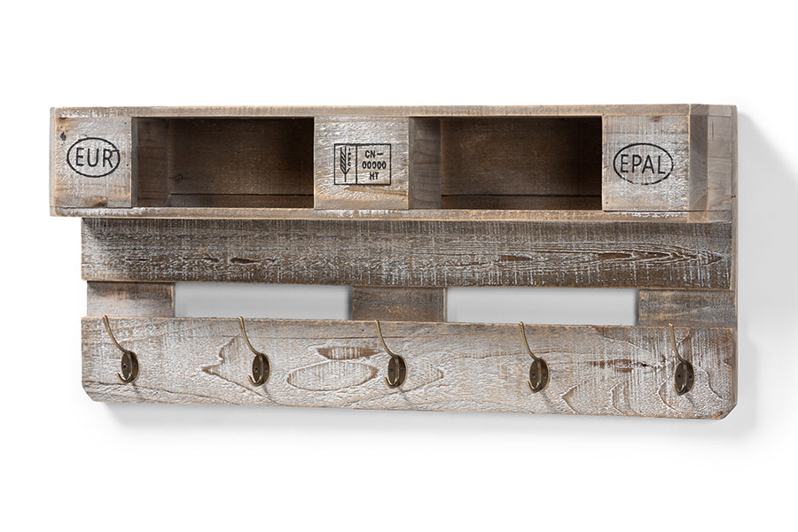 baxton studio ferguson vintage rustic whitewashed grey oak finished wood wall mounted coat rack with shelves | Modish Furniture Store-2
