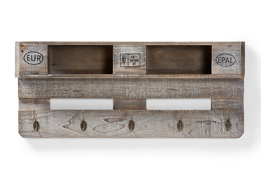 baxton studio ferguson vintage rustic whitewashed grey oak finished wood wall mounted coat rack with shelves | Modish Furniture Store-3