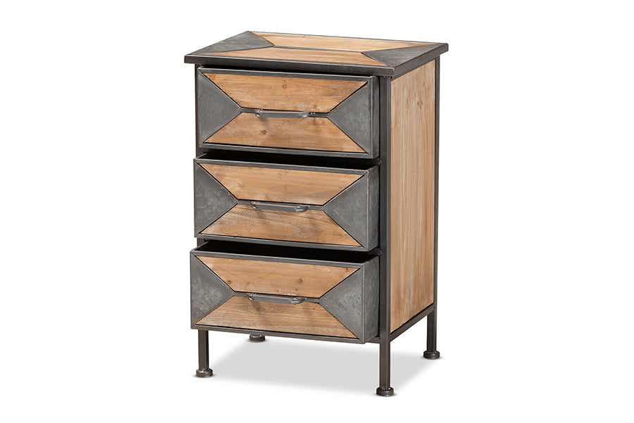 Baxton Studio Laurel Rustic Industrial Antique Grey Finished Metal and Whitewashed Oak Brown Finished Wood 3-Drawer Nightstand | Nightstands | Modishstore - 4