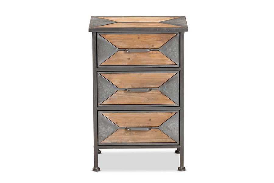 Baxton Studio Laurel Rustic Industrial Antique Grey Finished Metal and Whitewashed Oak Brown Finished Wood 3-Drawer Nightstand | Nightstands | Modishstore - 3