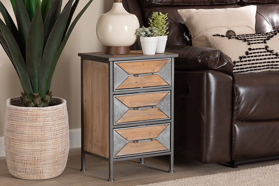 Baxton Studio Laurel Rustic Industrial Antique Grey Finished Metal and Whitewashed Oak Brown Finished Wood 3-Drawer Nightstand | Nightstands | Modishstore