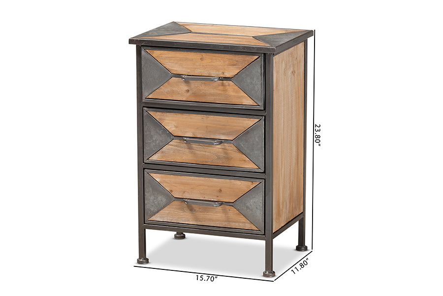 Baxton Studio Laurel Rustic Industrial Antique Grey Finished Metal and Whitewashed Oak Brown Finished Wood 3-Drawer Nightstand | Nightstands | Modishstore - 6