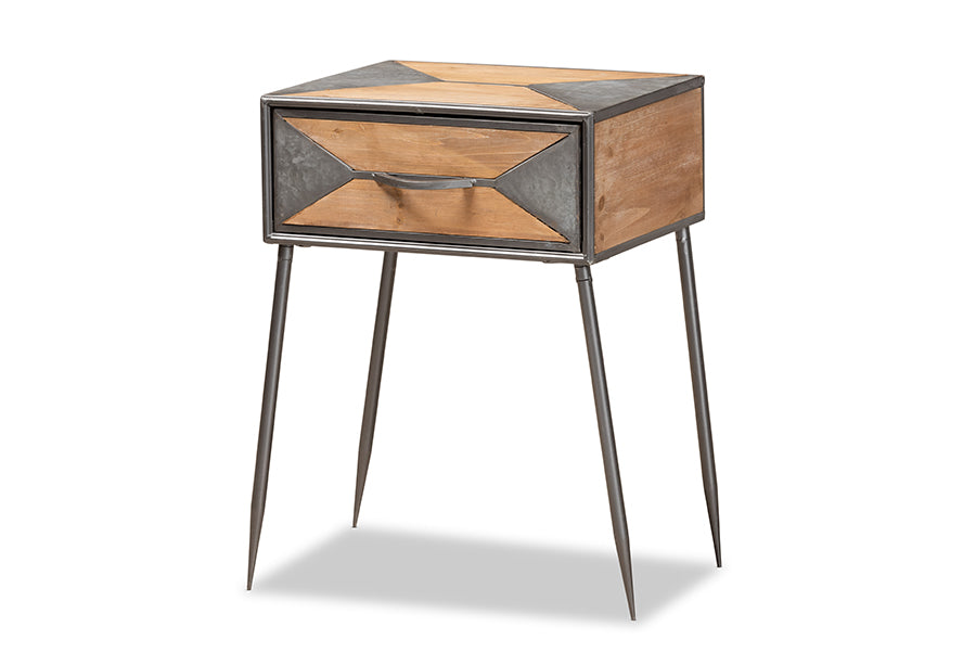 Baxton Studio Laurel Rustic Industrial Antique Grey Finished Metal and Whitewashed Oak Brown Finished Wood 1-Drawer Nightstand | Nightstands | Modishstore - 7