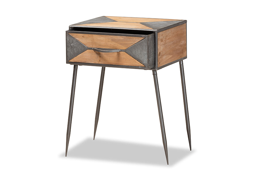 Baxton Studio Laurel Rustic Industrial Antique Grey Finished Metal and Whitewashed Oak Brown Finished Wood 1-Drawer Nightstand | Nightstands | Modishstore - 6