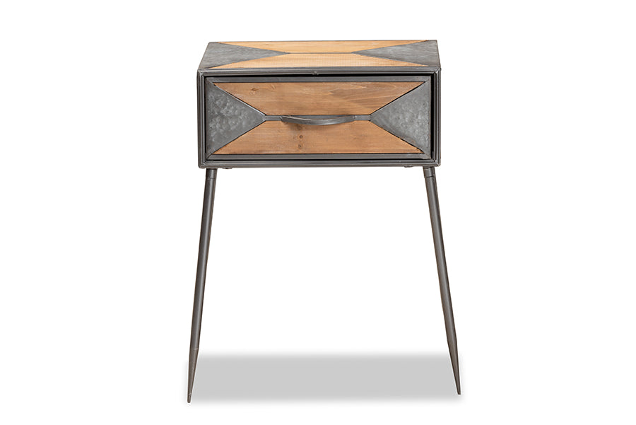 Baxton Studio Laurel Rustic Industrial Antique Grey Finished Metal and Whitewashed Oak Brown Finished Wood 1-Drawer Nightstand | Nightstands | Modishstore - 5