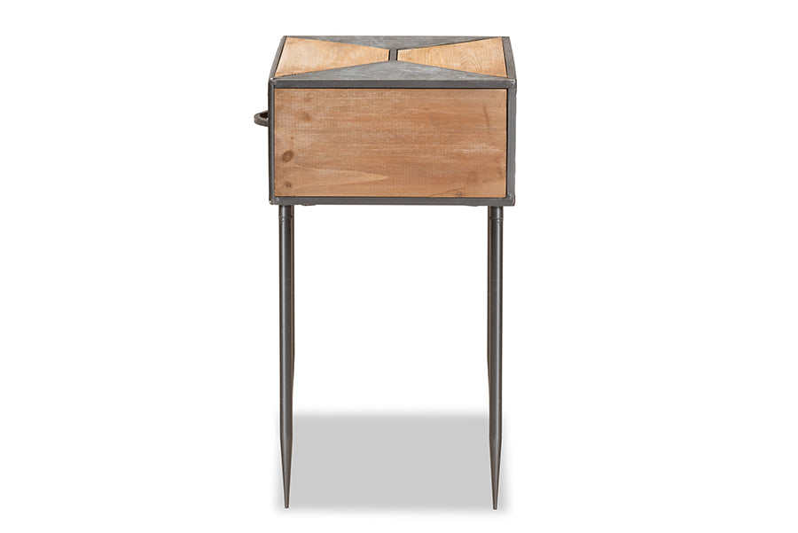 Baxton Studio Laurel Rustic Industrial Antique Grey Finished Metal and Whitewashed Oak Brown Finished Wood 1-Drawer Nightstand | Nightstands | Modishstore - 4