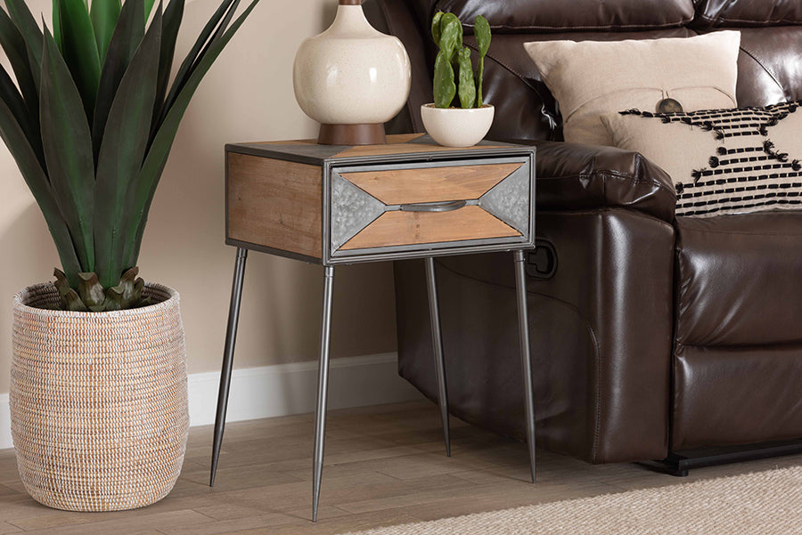 Baxton Studio Laurel Rustic Industrial Antique Grey Finished Metal and Whitewashed Oak Brown Finished Wood 1-Drawer Nightstand | Nightstands | Modishstore