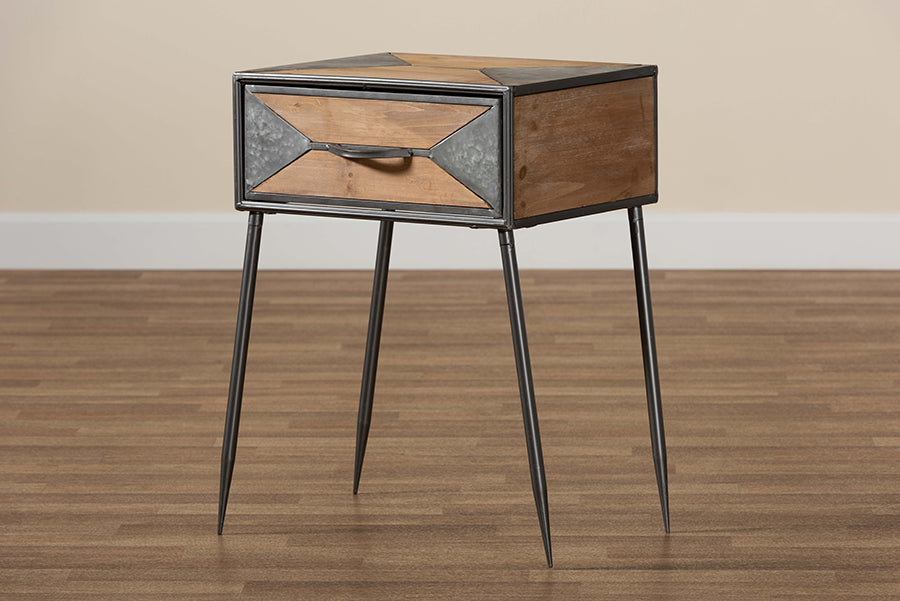 Baxton Studio Laurel Rustic Industrial Antique Grey Finished Metal and Whitewashed Oak Brown Finished Wood 1-Drawer Nightstand | Nightstands | Modishstore - 2