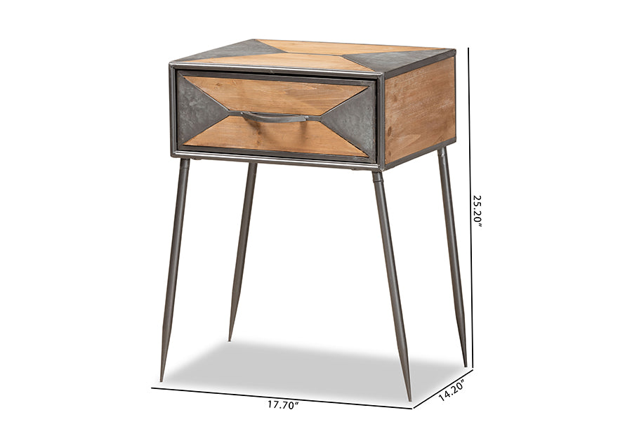 Baxton Studio Laurel Rustic Industrial Antique Grey Finished Metal and Whitewashed Oak Brown Finished Wood 1-Drawer Nightstand | Nightstands | Modishstore - 8