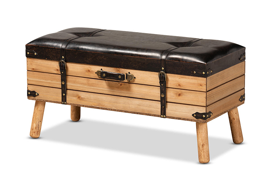 Baxton Studio Amena Rustic Transitional Dark Brown PU Leather Upholstered and Oak Finished Wood Large Storage Ottoman | Ottomans | Modishstore - 8