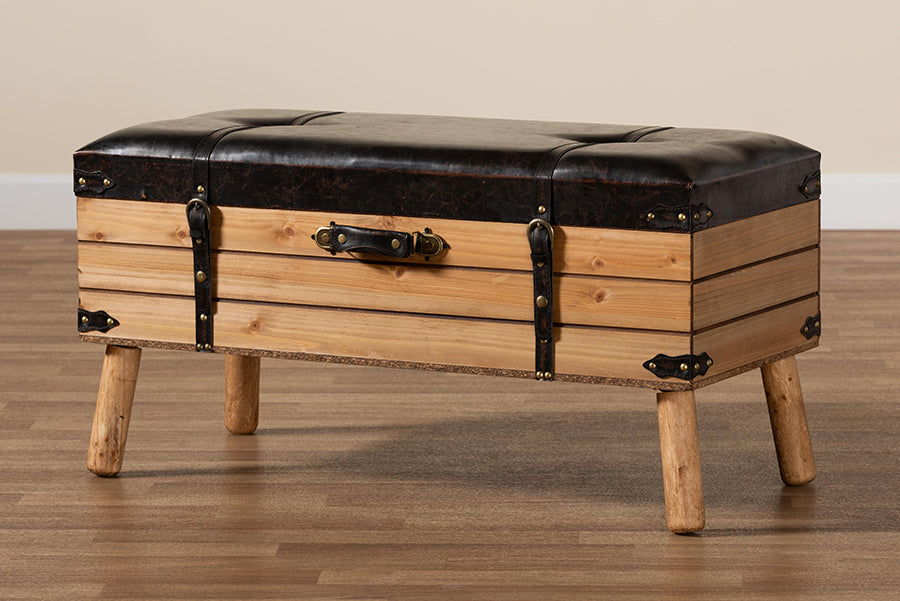 Baxton Studio Amena Rustic Transitional Dark Brown PU Leather Upholstered and Oak Finished Wood Large Storage Ottoman | Ottomans | Modishstore - 2