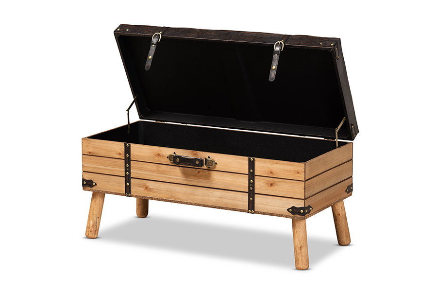 Baxton Studio Amena Rustic Transitional Dark Brown PU Leather Upholstered and Oak Finished Wood Large Storage Ottoman | Ottomans | Modishstore - 7