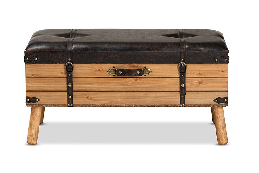 Baxton Studio Amena Rustic Transitional Dark Brown PU Leather Upholstered and Oak Finished Wood Large Storage Ottoman | Ottomans | Modishstore - 6