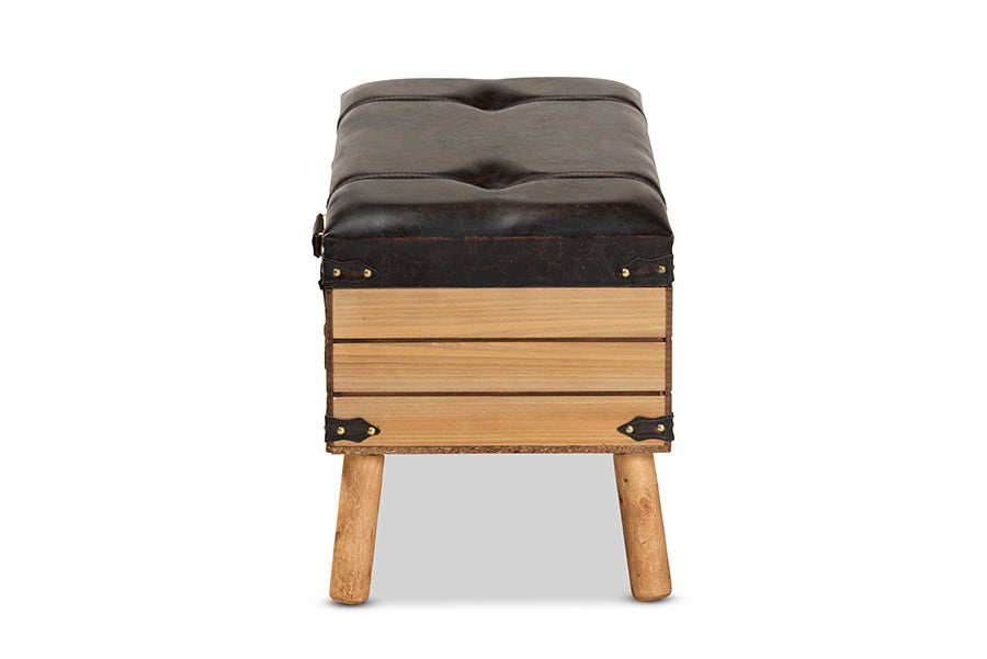 Baxton Studio Amena Rustic Transitional Dark Brown PU Leather Upholstered and Oak Finished Wood Large Storage Ottoman | Ottomans | Modishstore - 5