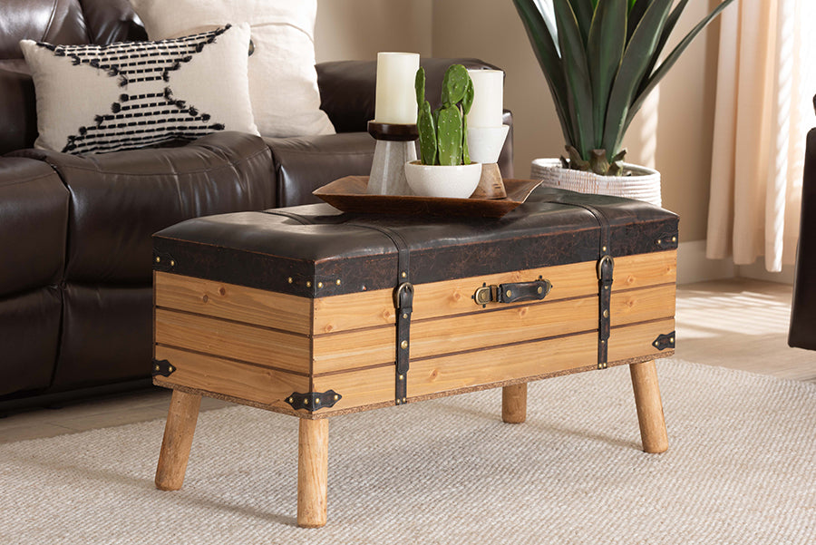 Baxton Studio Amena Rustic Transitional Dark Brown PU Leather Upholstered and Oak Finished Wood Large Storage Ottoman | Ottomans | Modishstore