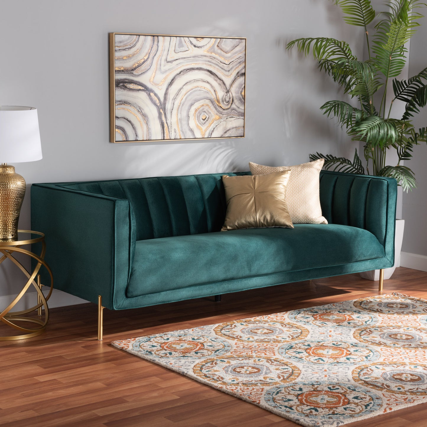 Baxton Studio Maia Contemporary Glam And Luxe Green Velvet Fabric Upholstered And Gold Finished Metal Sofa | Sofas | Modishstore