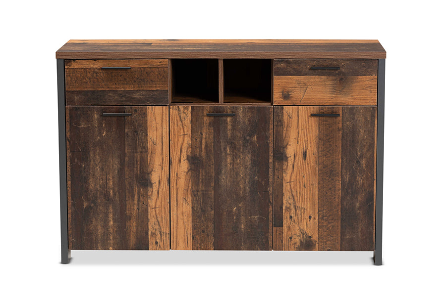Baxton Studio Ranger Mid-Century Modern Rustic Brown Finished Wood and Grey Metal 2-Door Sideboard Buffet | Sideboards | Modishstore - 7