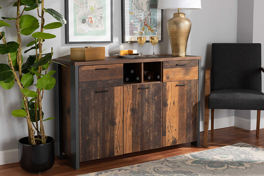 Baxton Studio Ranger Mid-Century Modern Rustic Brown Finished Wood and Grey Metal 2-Door Sideboard Buffet | Sideboards | Modishstore