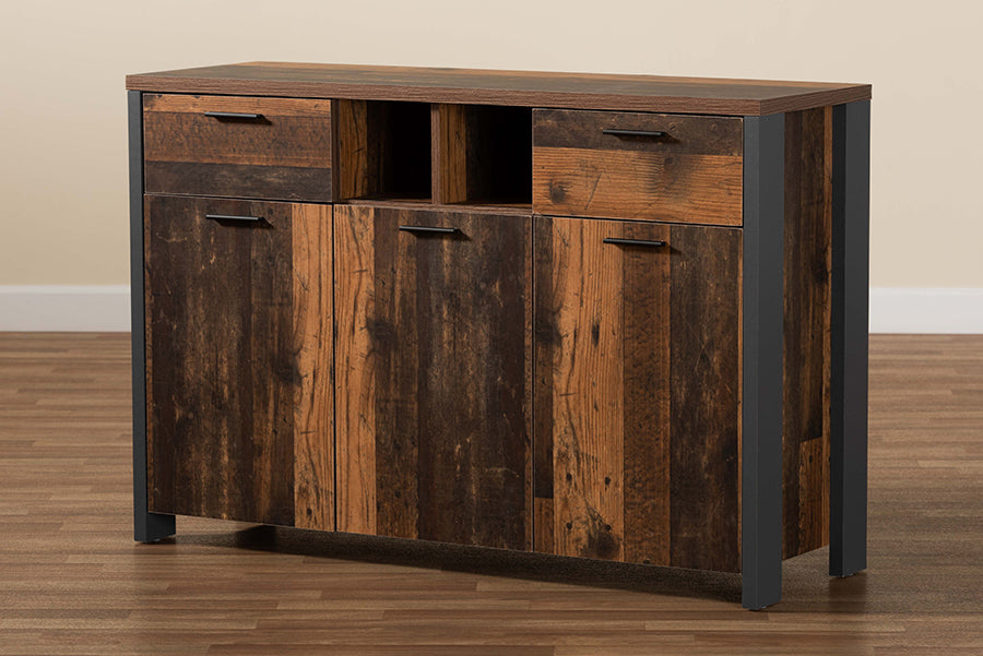 Baxton Studio Ranger Mid-Century Modern Rustic Brown Finished Wood and Grey Metal 2-Door Sideboard Buffet | Sideboards | Modishstore - 3