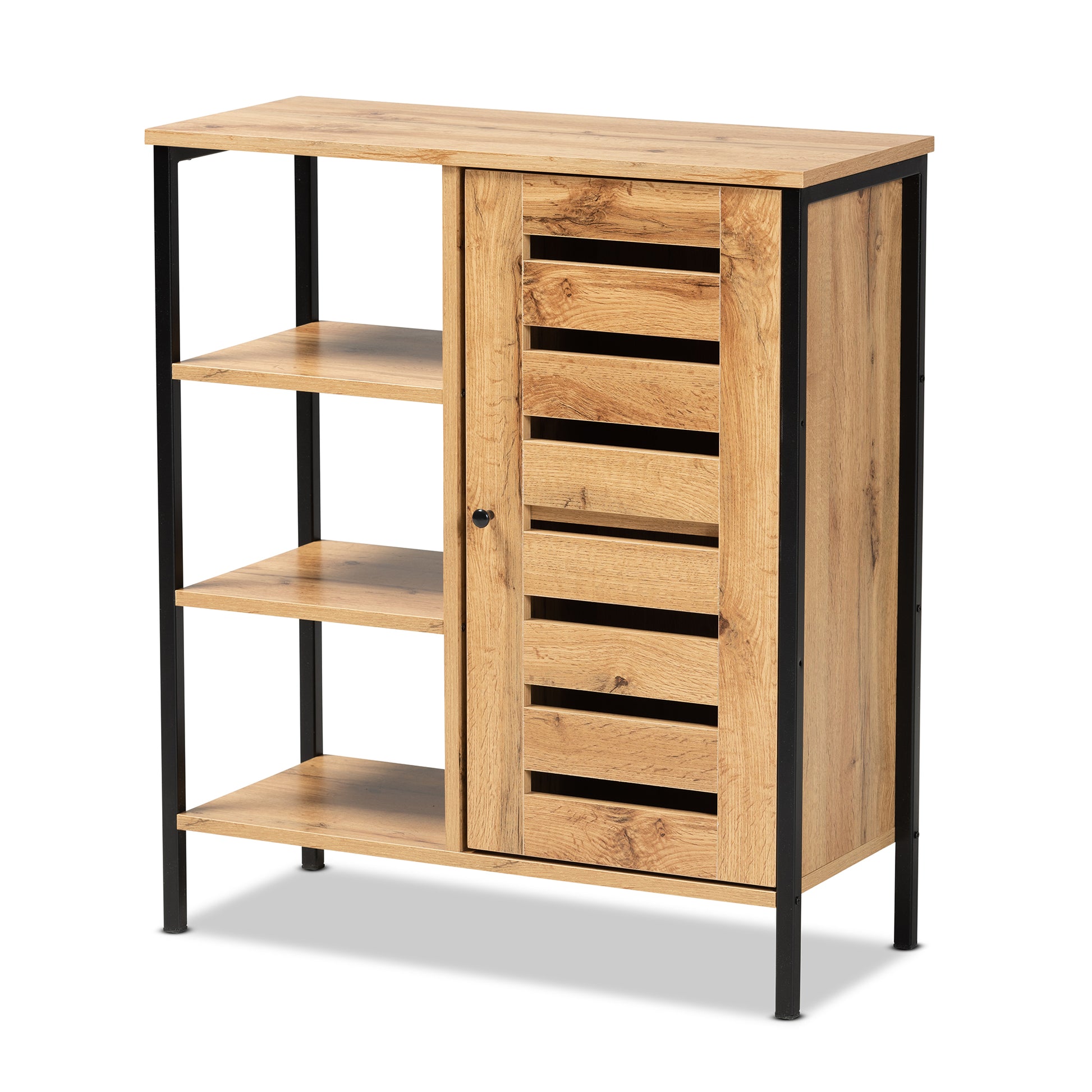 Baxton Studio Vander Modern and Contemporary Oak Brown Finished Wood and Black Finished Metal 1-Door Shoe Storage Cabinet | Cabinets | Modishstore - 2