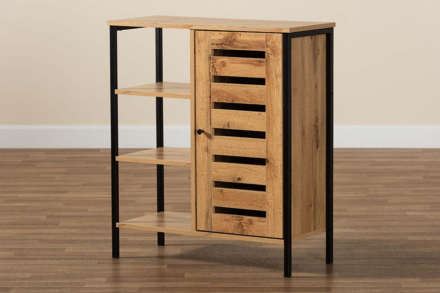 Baxton Studio Vander Modern and Contemporary Oak Brown Finished Wood and Black Finished Metal 1-Door Shoe Storage Cabinet | Cabinets | Modishstore - 3