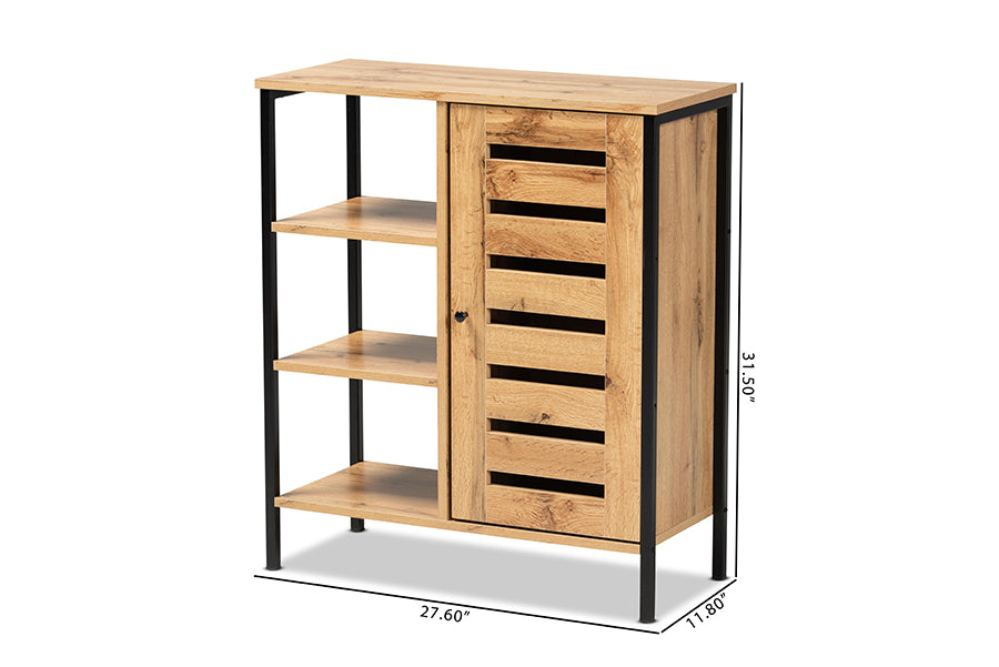 Baxton Studio Vander Modern and Contemporary Oak Brown Finished Wood and Black Finished Metal 1-Door Shoe Storage Cabinet | Cabinets | Modishstore - 9