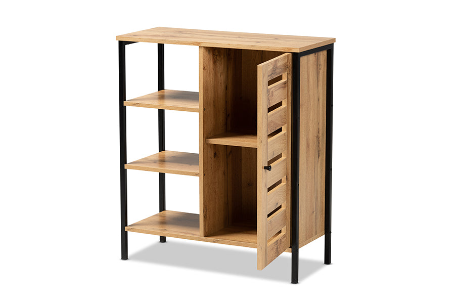 Baxton Studio Vander Modern and Contemporary Oak Brown Finished Wood and Black Finished Metal 1-Door Shoe Storage Cabinet | Cabinets | Modishstore - 8
