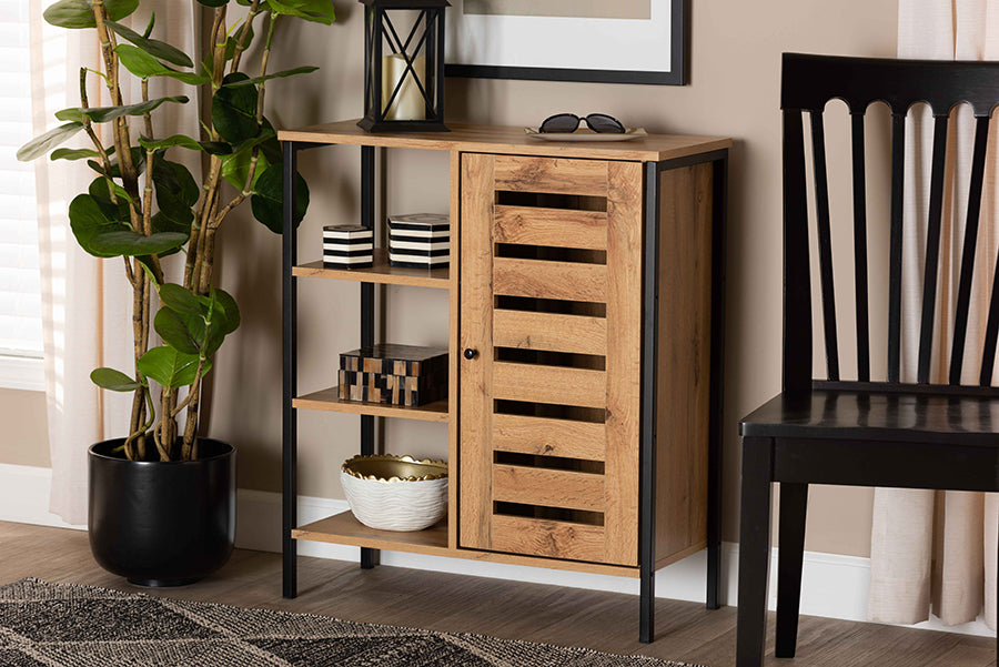 Baxton Studio Vander Modern and Contemporary Oak Brown Finished Wood and Black Finished Metal 1-Door Shoe Storage Cabinet | Cabinets | Modishstore