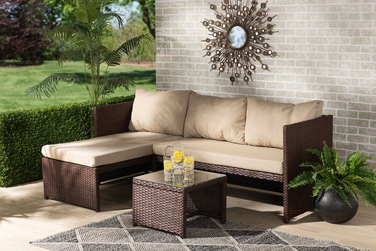 Baxton Studio Carlton Modern and Contemporary Sand Fabric Upholstered and Brown Finished Woven PE Rattan 3-Piece Outdoor Patio Lounge Set | Modishstore | Outdoor Sofas, Loveseats & Sectionals