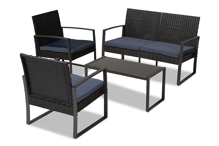 baxton studio greta modern and contemporary dark blue fabric upholstered and black finished metal and synthetic rattan 4 piece patio set | Modish Furniture Store-2