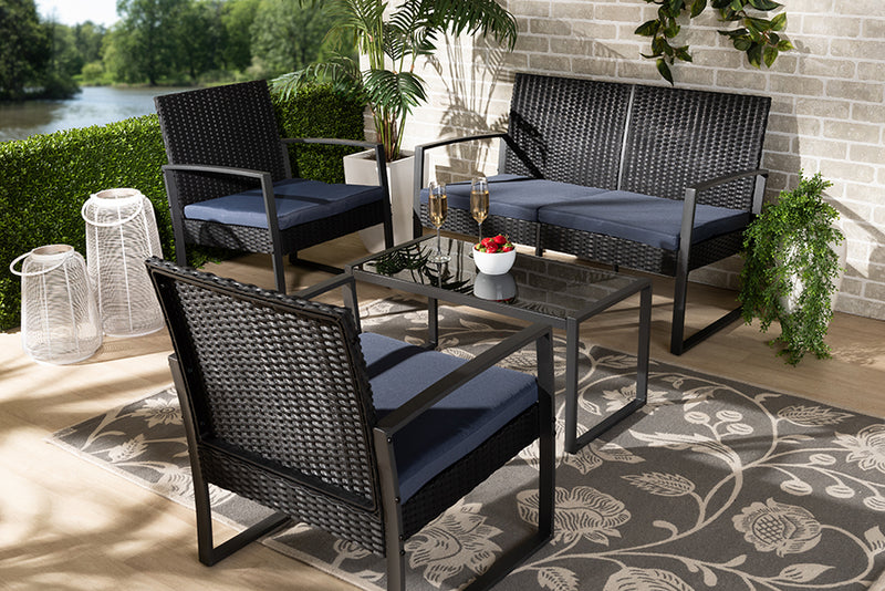 Baxton Studio Greta Modern and Contemporary Dark Blue Fabric Upholstered and Black Finished Metal and Synthetic Rattan 4-Piece Patio Set | Modishstore | Sofas
