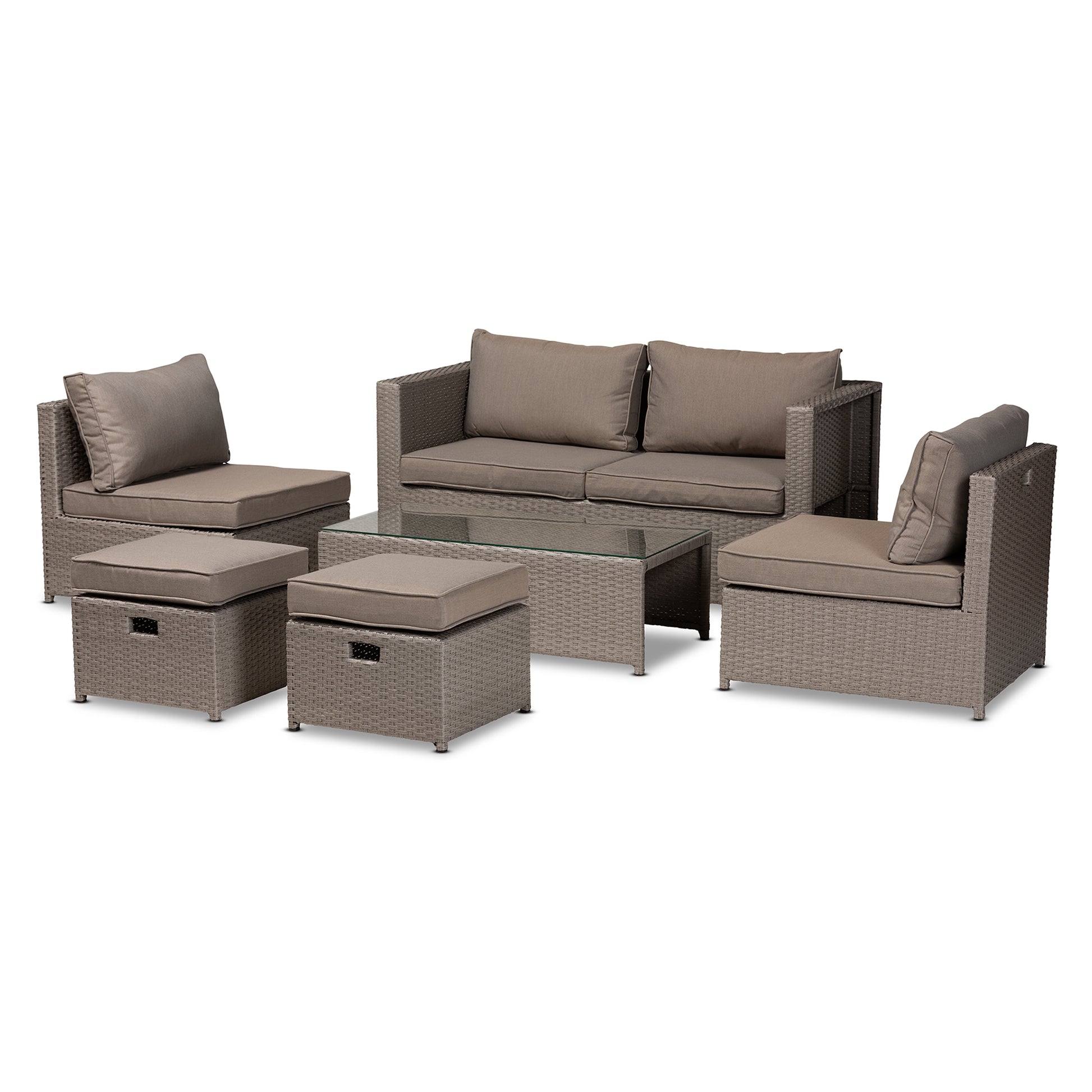 Baxton Studio Haina Modern and Contemporary Grey Fabric Upholstered and Grey Finished Synthetic Rattan 6-Piece Patio Set | Outdoor Sofas, Loveseats & Sectionals | Modishstore - 2