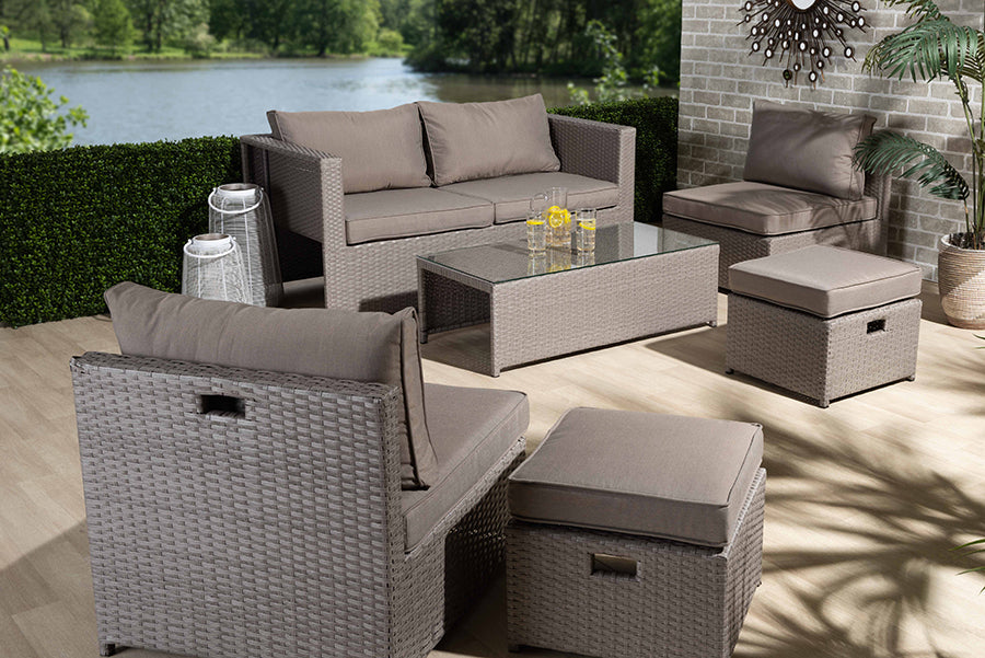 Baxton Studio Haina Modern and Contemporary Grey Fabric Upholstered and Grey Finished Synthetic Rattan 6-Piece Patio Set | Outdoor Sofas, Loveseats & Sectionals | Modishstore