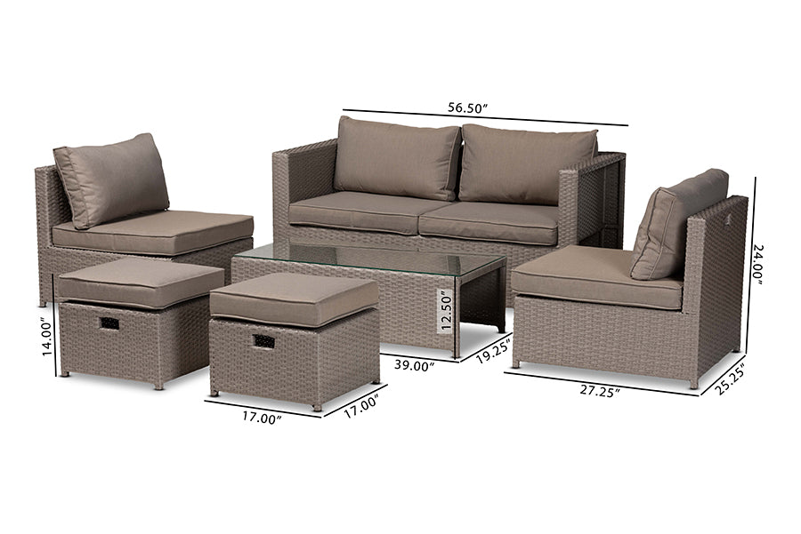 Baxton Studio Haina Modern and Contemporary Grey Fabric Upholstered and Grey Finished Synthetic Rattan 6-Piece Patio Set | Outdoor Sofas, Loveseats & Sectionals | Modishstore - 3