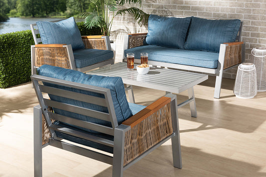 Baxton Studio Nicholson Modern and Contemporary Blue Fabric Upholstered and Grey Finished Metal with Brown Finished PE Rattan 4-Piece Outdoor Patio Lounge Set | Modishstore | Outdoor Sofas, Loveseats & Sectionals