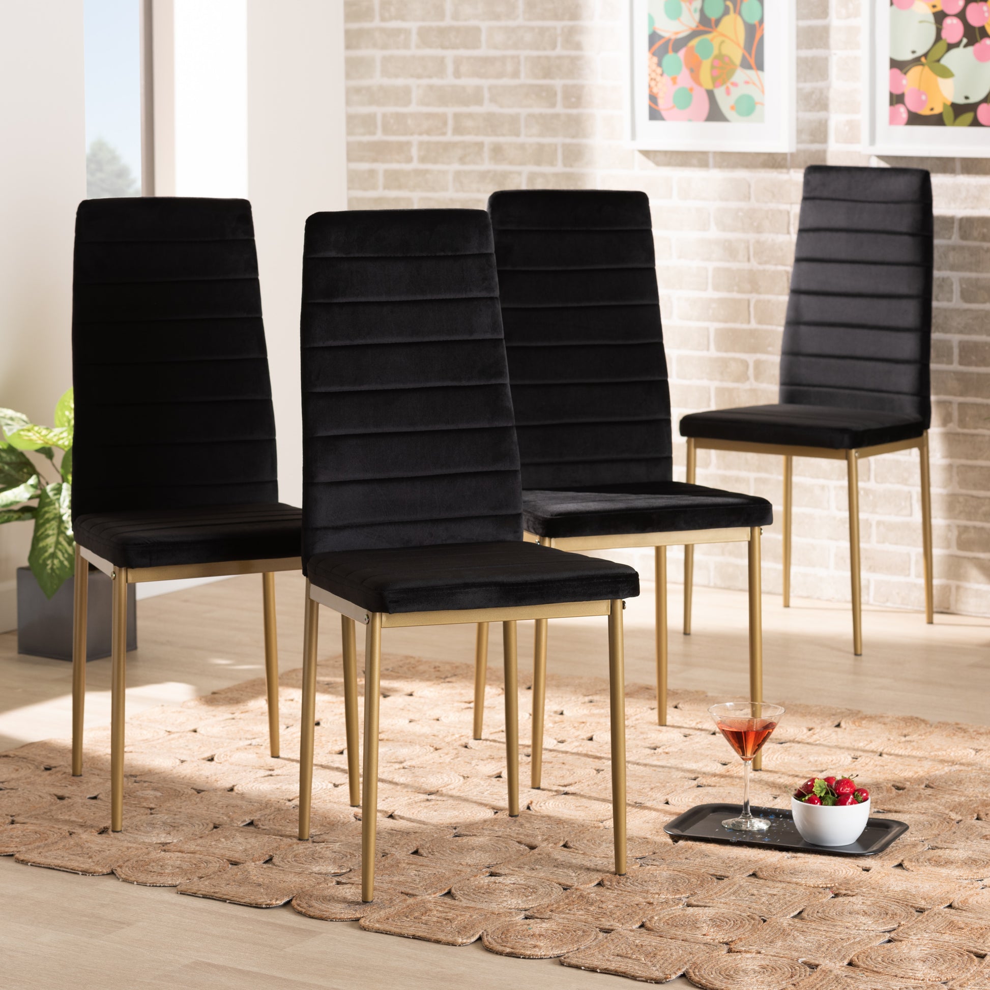 Baxton Studio Armand Modern Glam And Luxe Black Velvet Fabric Upholstered And Gold Finished Metal 4-Piece Dining Chair Set | Dining Chairs | Modishstore