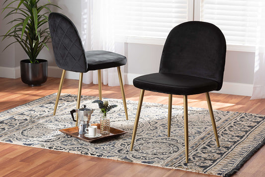 Baxton Studio Fantine Modern Luxe and Glam Black Velvet Fabric Upholstered and Gold Finished Metal 2-Piece Dining Chair Set | Dining Chairs | Modishstore
