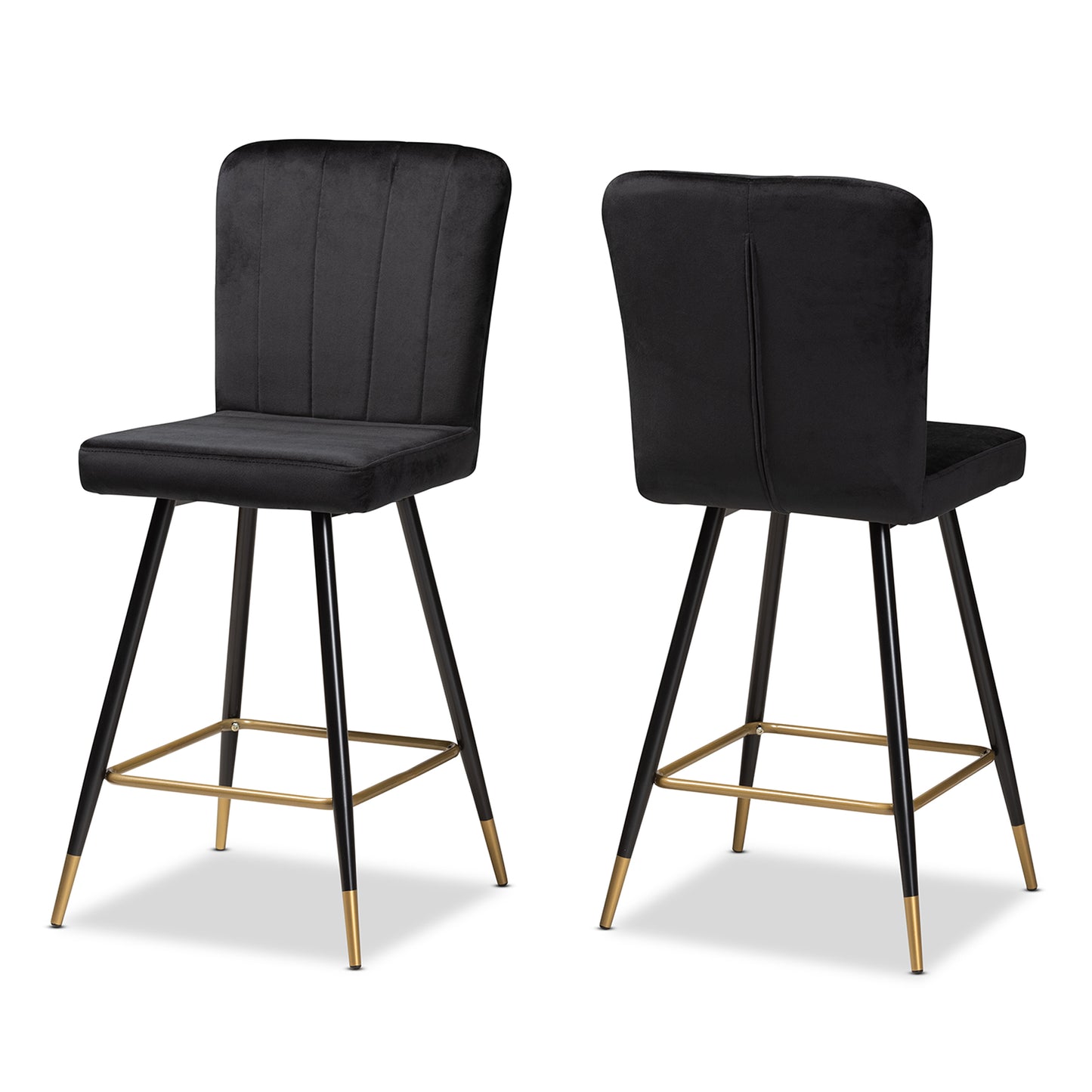 Baxton Studio Preston Modern Luxe and Glam Black Velvet Fabric Upholstered and Two-Tone Black and Gold Finished Metal 2-Piece Bar Stool Set | Bar Stools | Modishstore - 2