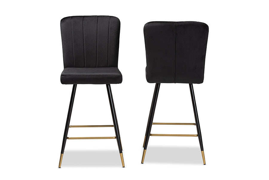 Baxton Studio Preston Modern Luxe and Glam Black Velvet Fabric Upholstered and Two-Tone Black and Gold Finished Metal 2-Piece Bar Stool Set | Bar Stools | Modishstore - 6