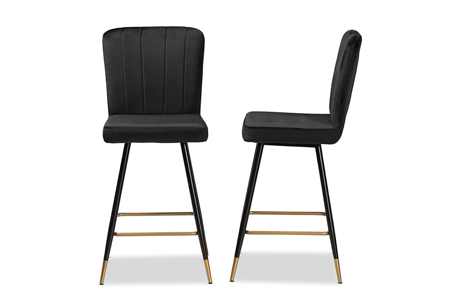 Baxton Studio Preston Modern Luxe and Glam Black Velvet Fabric Upholstered and Two-Tone Black and Gold Finished Metal 2-Piece Bar Stool Set | Bar Stools | Modishstore - 5